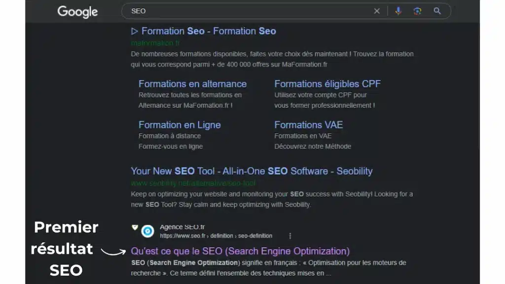 Image exemple du premier résultat seo sea smo sma